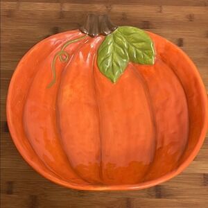 Harvest Pumpkin Ceramic Serving Bowl Platter Orange Fall Thanksgiving 13.5in